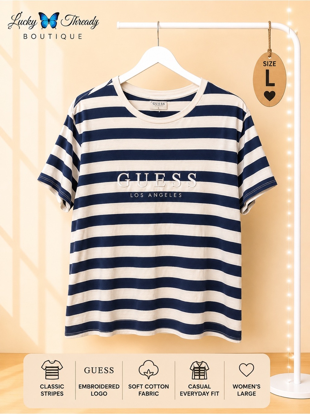 Guess Navy and White Striped Logo Boxy Tee Y2K